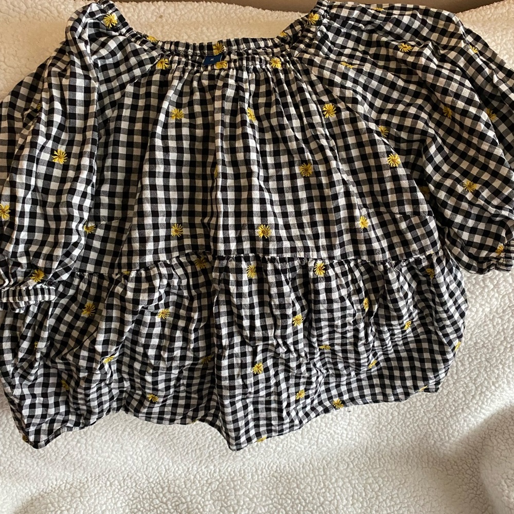 Old Navy Black and White Gingham Floral Embroidered Peasant Top